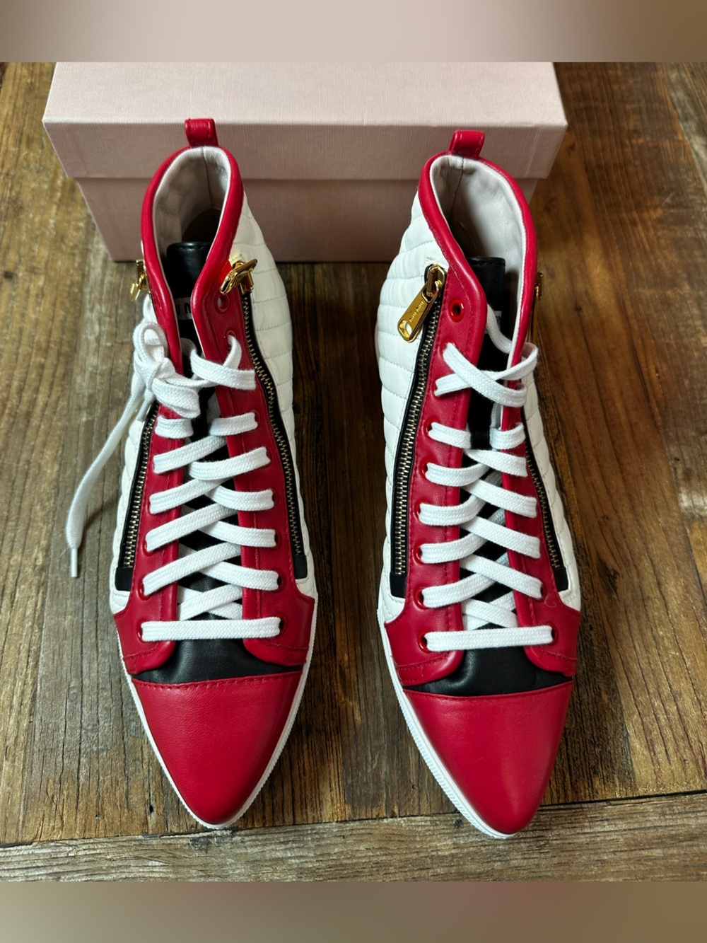 Miu Miu Red, Black, and off White Sneakers